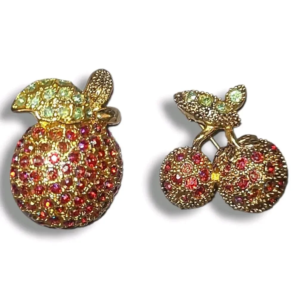 2‎ Vintage Aurora Borealis Rhinestone Fruit Brooches Pins Apple & Cherries